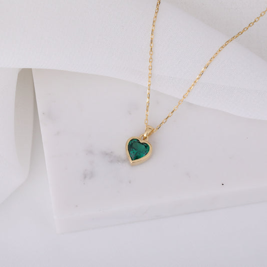 Heart Emerald Bezel Necklace in 14K Solid Gold, May Birthstone Charm Pendant