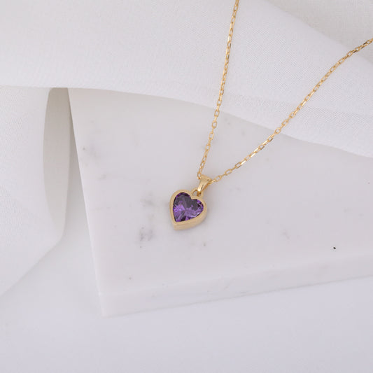 Heart Amethyst Bezel Necklace in 14K Solid Gold, February Birthstone Charm Pendant