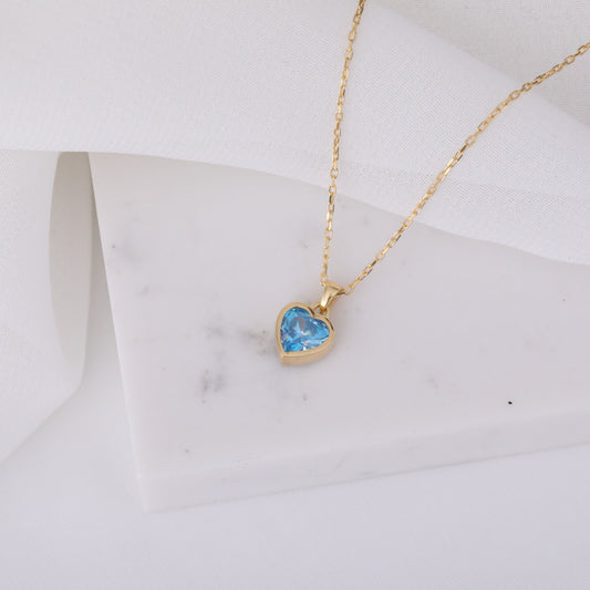 Heart Blue Topaz Bezel Necklace in 14K Solid Gold, December Birthstone Charm Pendant