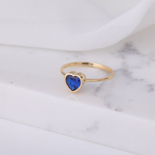 Heart Sapphire Bezel Ring in 14K Solid Gold, September Birthstone Jewelry