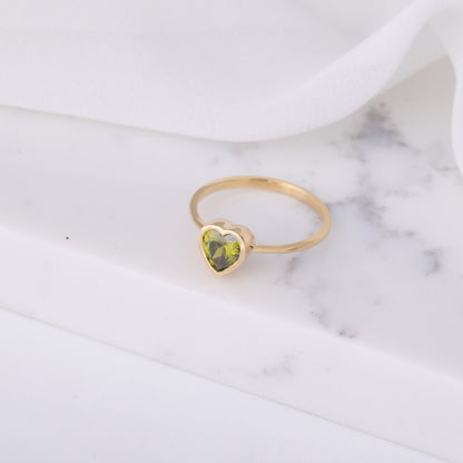 Heart Peridot Bezel Ring in 14K Solid Gold, August Birthstone Jewelry