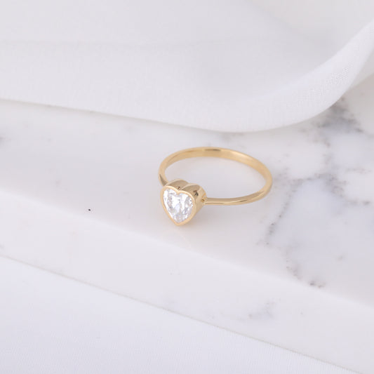 Heart White Topaz Bezel Ring in 14K Solid Gold, April Birthstone Jewelry