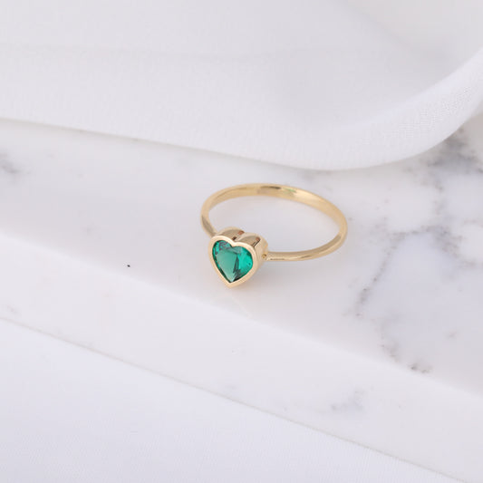 Heart Emerald Bezel Ring in 14K Solid Gold, May Birthstone Jewelry