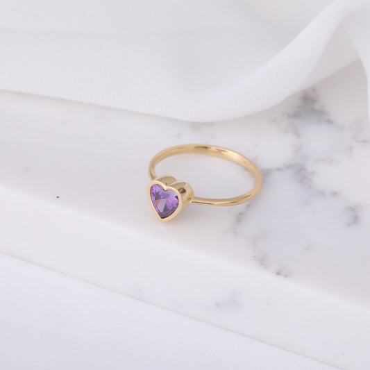 Heart Amethyst Bezel Ring in 14K Solid Gold, February Birthstone Jewelry