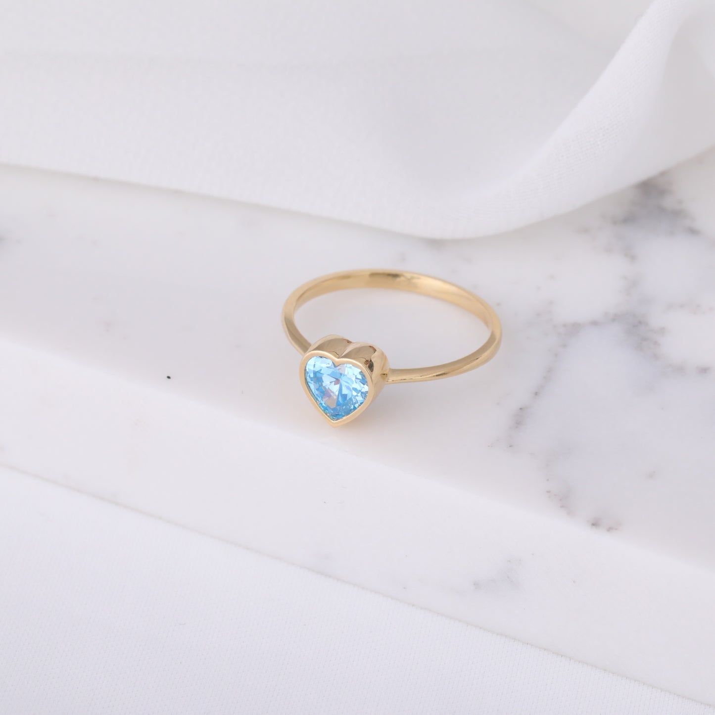 Heart Blue Topaz Bezel Ring in 14K Solid Gold, December Birthstone Jewelry