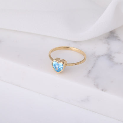 Heart Blue Topaz Bezel Ring in 14K Solid Gold, December Birthstone Jewelry