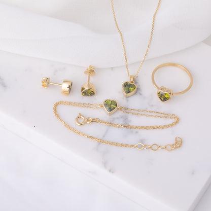 Heart Peridot Bezel Necklace in 14K Solid Gold, August Birthstone Charm Pendant