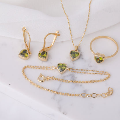 Heart Peridot Bezel Necklace in 14K Solid Gold, August Birthstone Charm Pendant