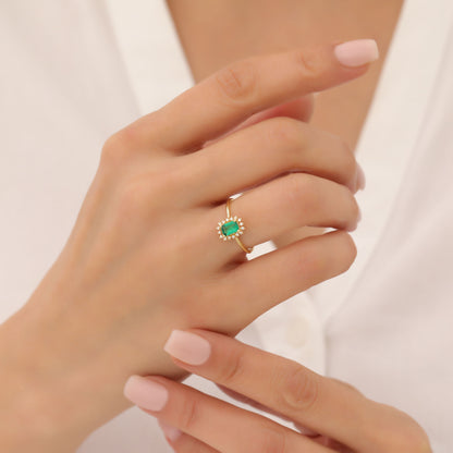 Emerald Rectangle Ring Surrounded by Real Diamonds in 14K Solid Gold, May Birthstone Jewelry