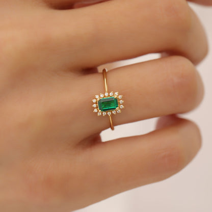 Emerald Rectangle Ring Surrounded by Real Diamonds in 14K Solid Gold, May Birthstone Jewelry