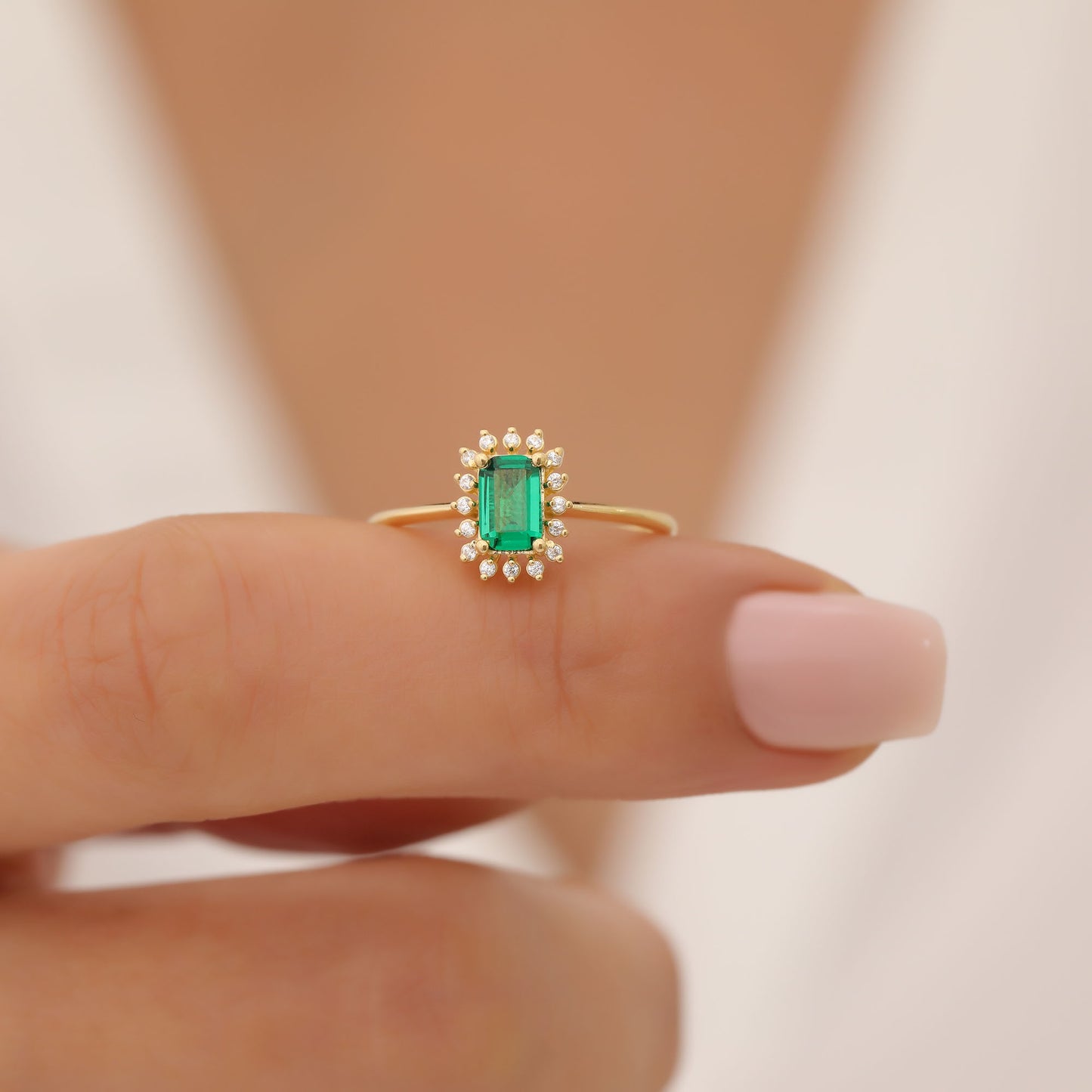 Emerald Rectangle Ring Surrounded by Real Diamonds in 14K Solid Gold, May Birthstone Jewelry