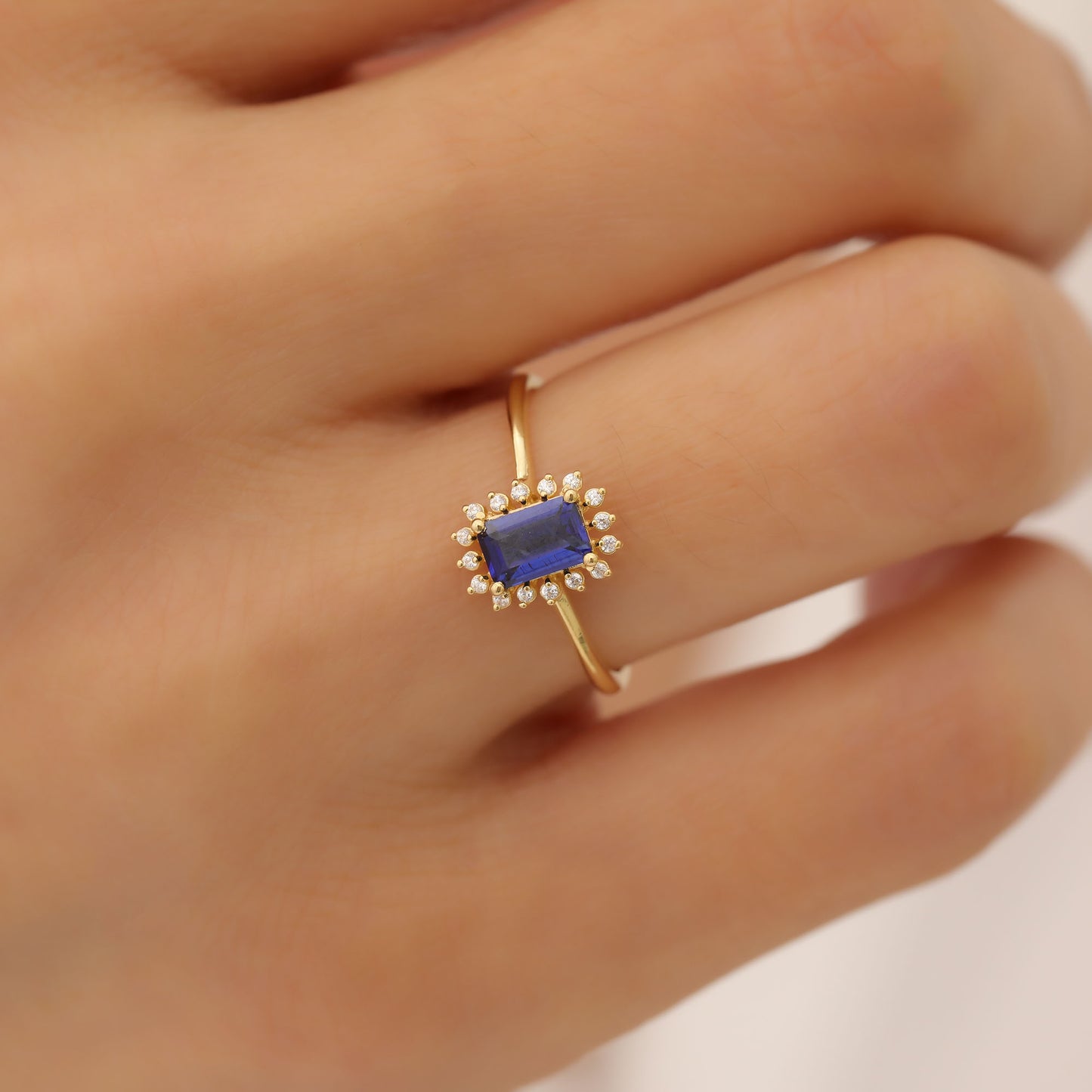 Sapphire Rectangle Ring Surrounded by Real Diamonds in 14K Solid Gold, September Birthstone Jewelry