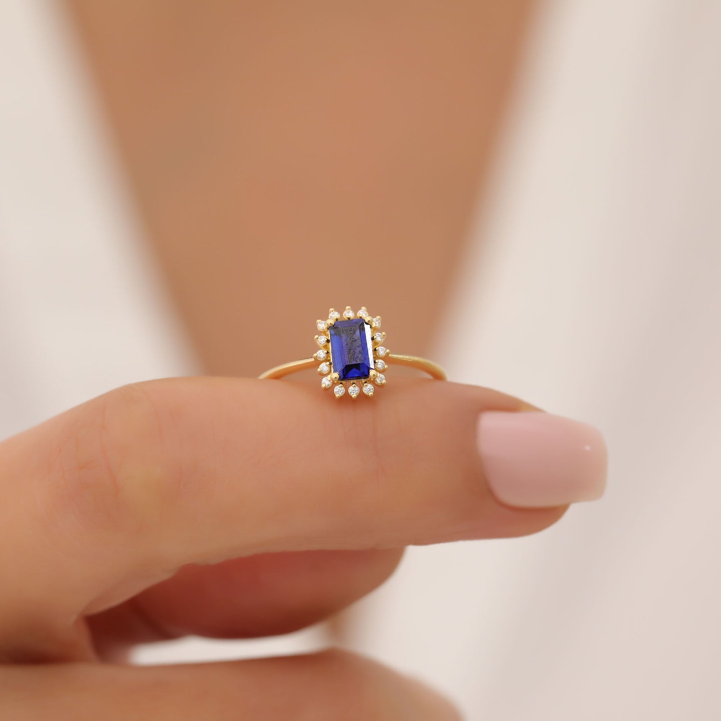 Sapphire Rectangle Ring Surrounded by Real Diamonds in 14K Solid Gold, September Birthstone Jewelry