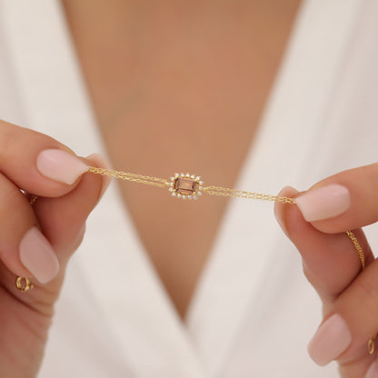 Smoky Quartz Rectangle Bracelet surrounded by Real Diamonds in 14K Solid Gold, Birthstone Jewelry