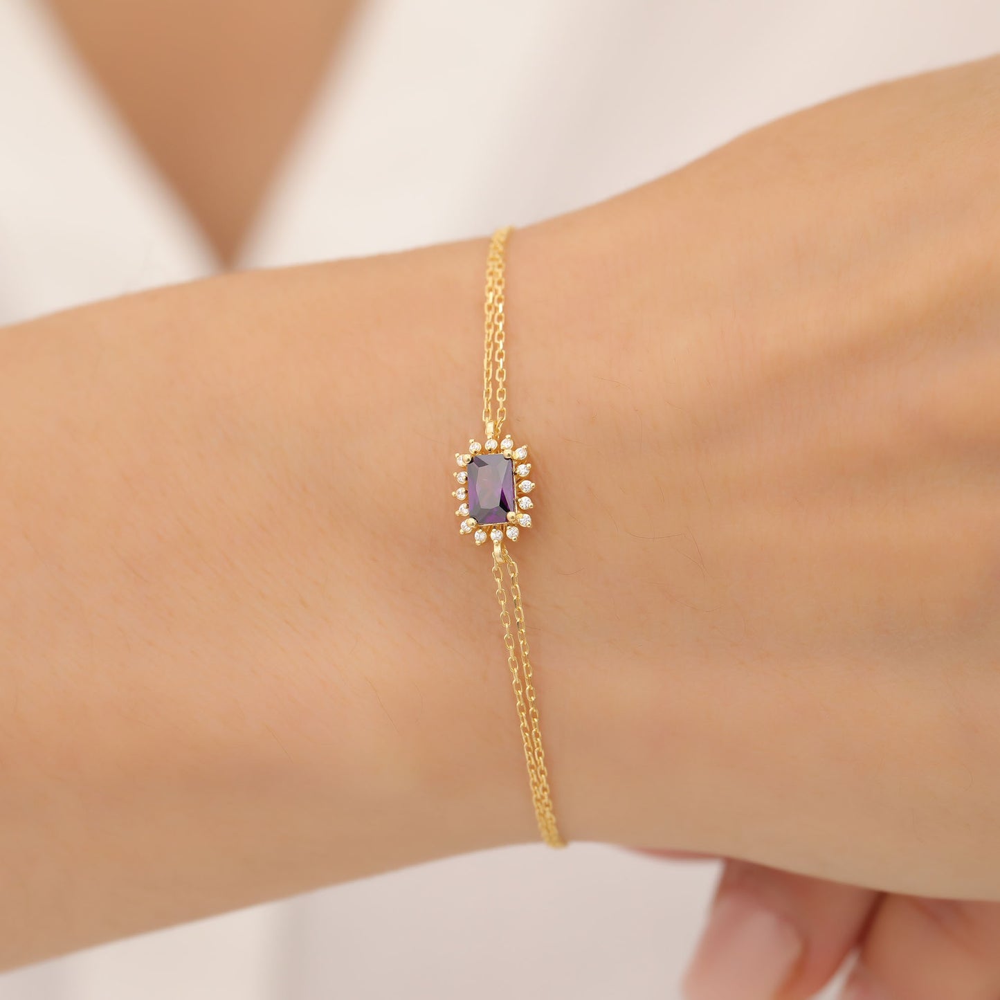 Amethyst Rectangle Bracelet surrounded by Real Diamonds in 14K Solid Gold, February Birthstone Jewelry