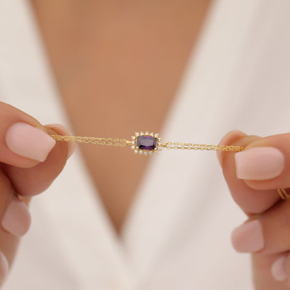 Amethyst Rectangle Bracelet surrounded by Real Diamonds in 14K Solid Gold, February Birthstone Jewelry