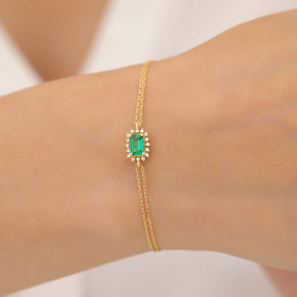 Emerald Rectangle Bracelet surrounded by Real Diamonds in 14K Solid Gold, May Birthstone Jewelry