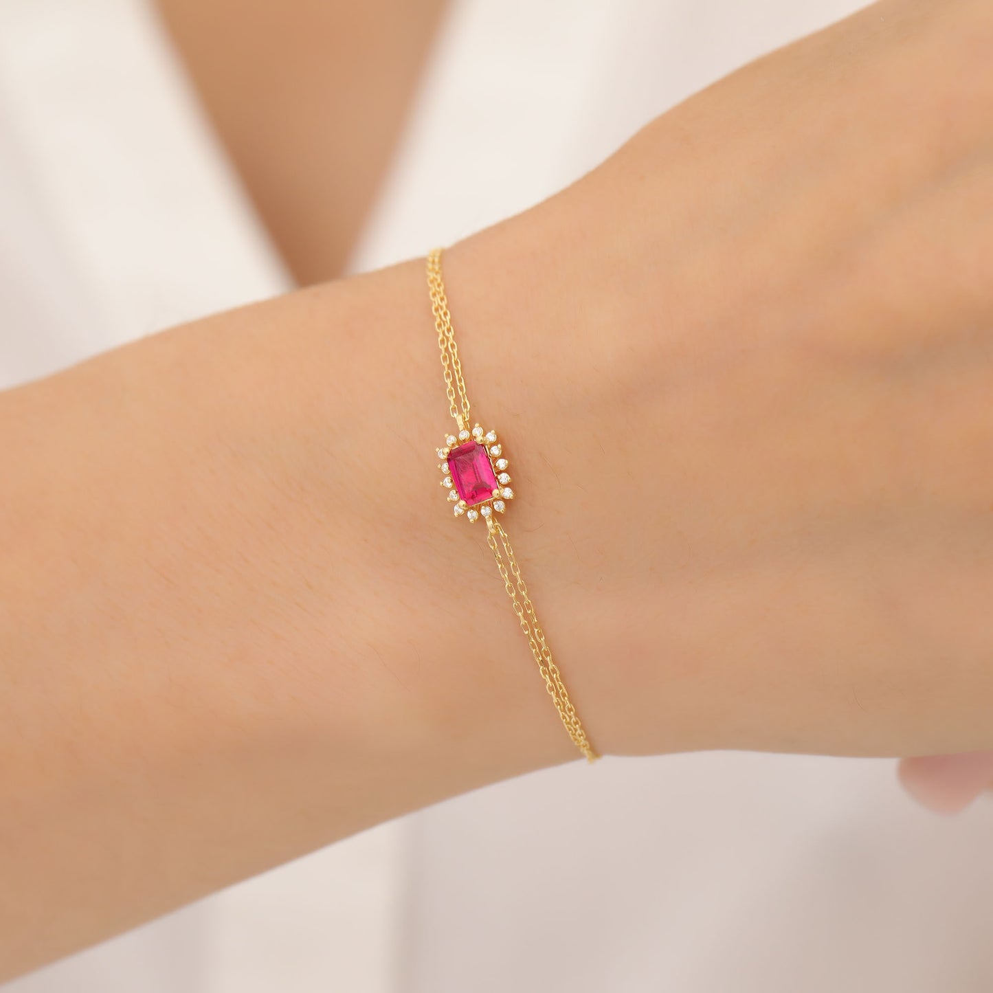 Ruby Rectangle Bracelet surrounded by Real Diamonds in 14K Solid Gold, July Birthstone Jewelry