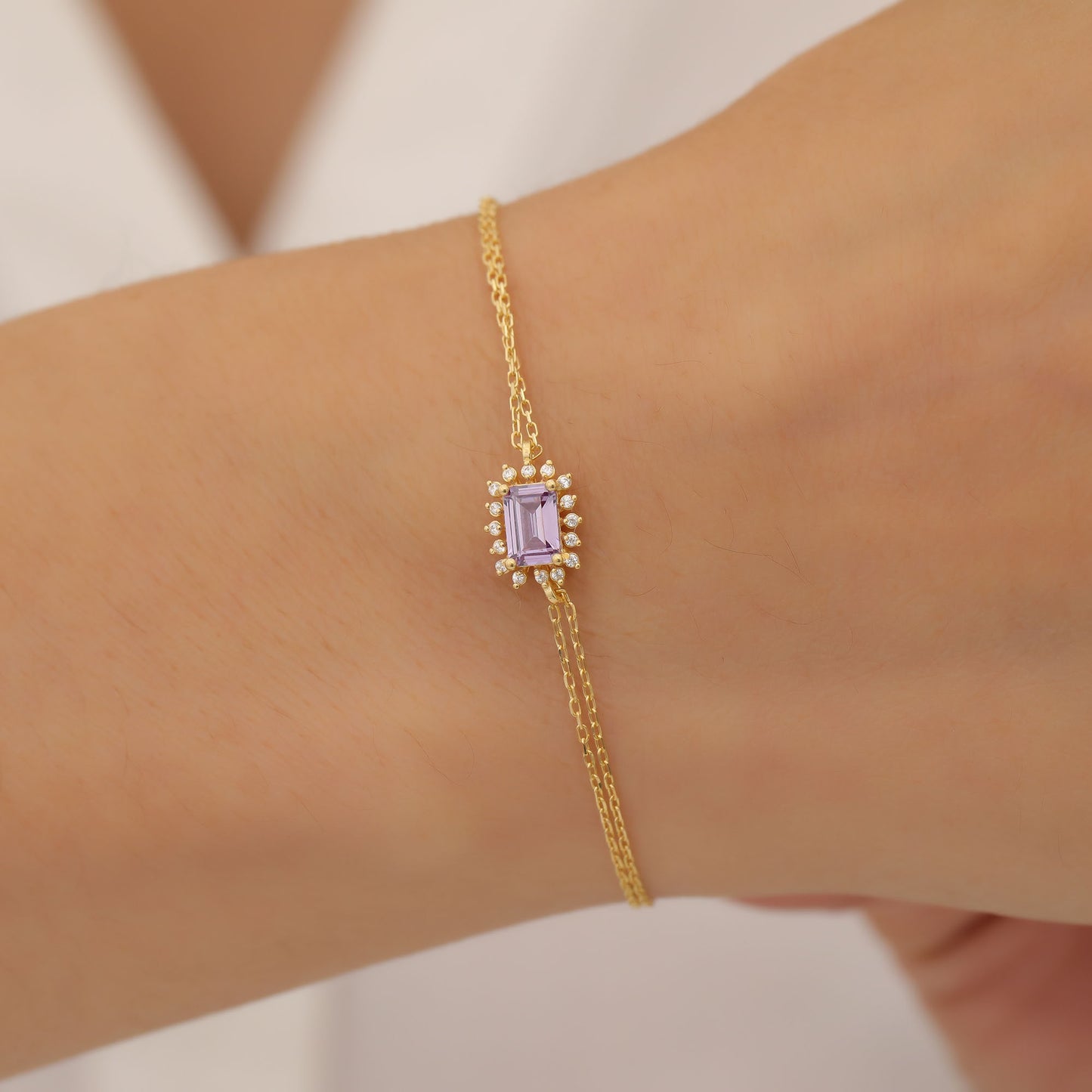 Alexandrite Rectangle Bracelet surrounded by Real Diamonds in 14K Solid Gold, June Birthstone Jewelry