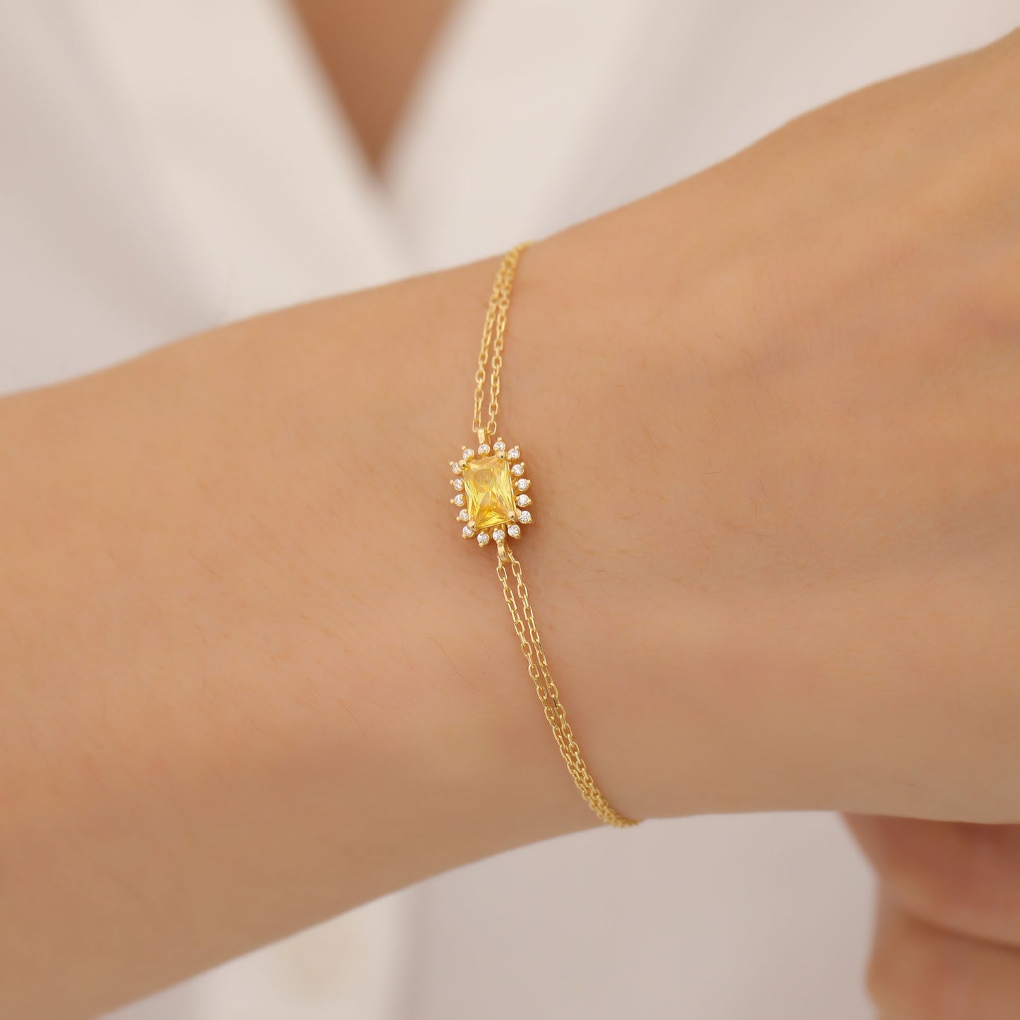 Yellow Topaz Rectangle Bracelet surrounded by Real Diamonds in 14K Solid Gold, Birthstone Jewelry