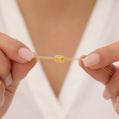 Yellow Topaz Rectangle Bracelet surrounded by Real Diamonds in 14K Solid Gold, Birthstone Jewelry