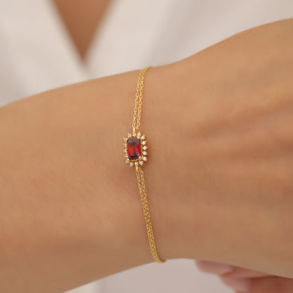 Garnet Rectangle Bracelet surrounded by Real Diamonds in 14K Solid Gold, January Birthstone Jewelry