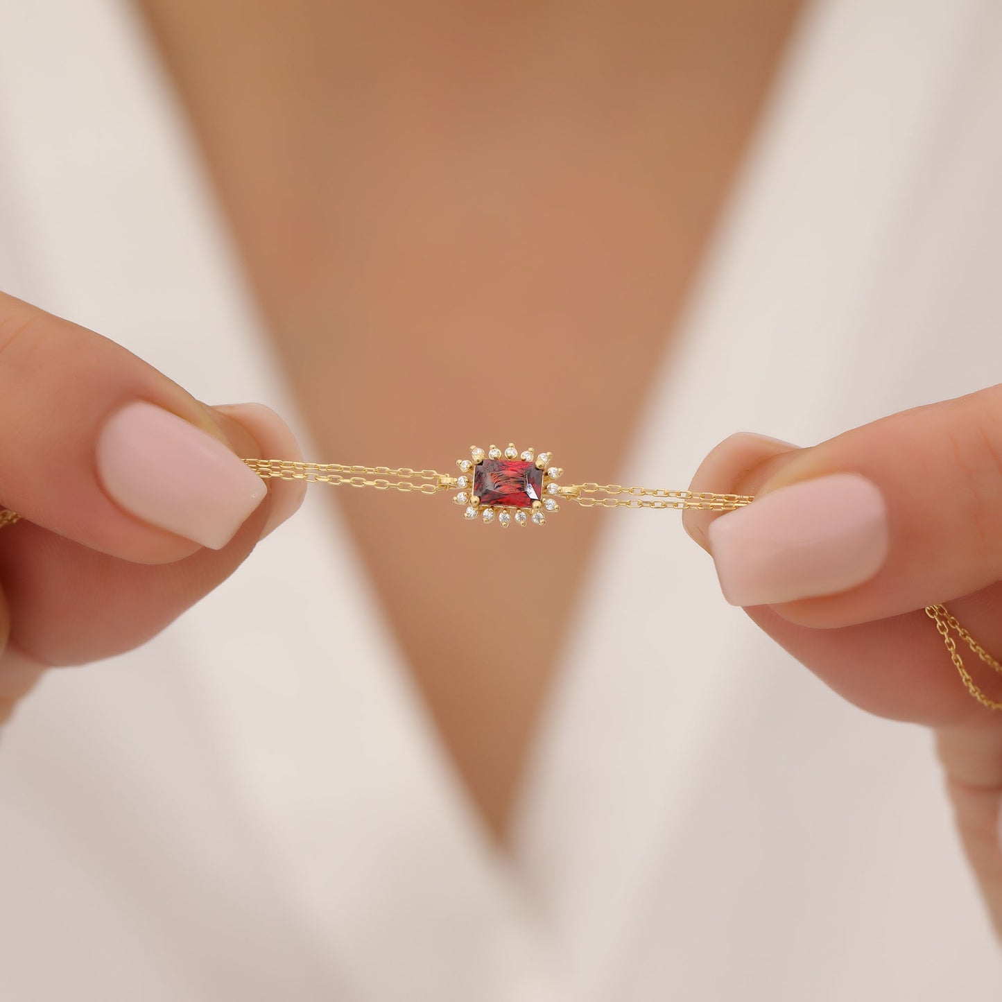 Garnet Rectangle Bracelet surrounded by Real Diamonds in 14K Solid Gold, January Birthstone Jewelry