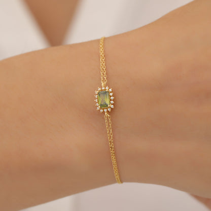 Peridot Rectangle Bracelet surrounded by Real Diamonds in 14K Solid Gold, August Birthstone Jewelry