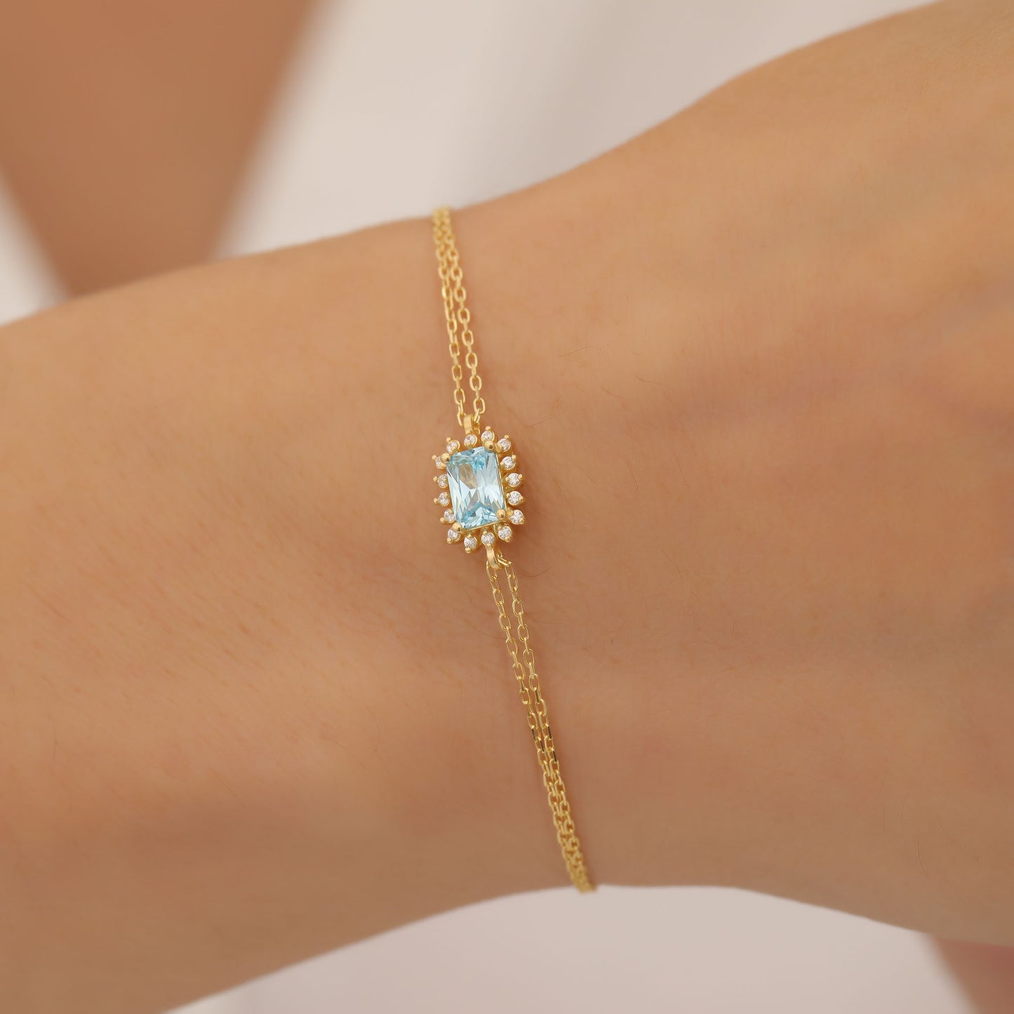 Aquamarine Rectangle Bracelet surrounded by Real Diamonds in 14K Solid Gold, March Birthstone Jewelry