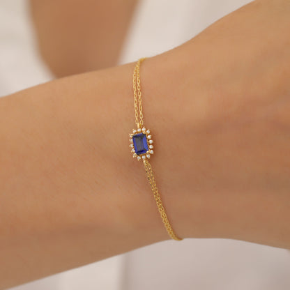 Sapphire Rectangle Bracelet surrounded by Real Diamonds in 14K Solid Gold, September Birthstone Jewelry