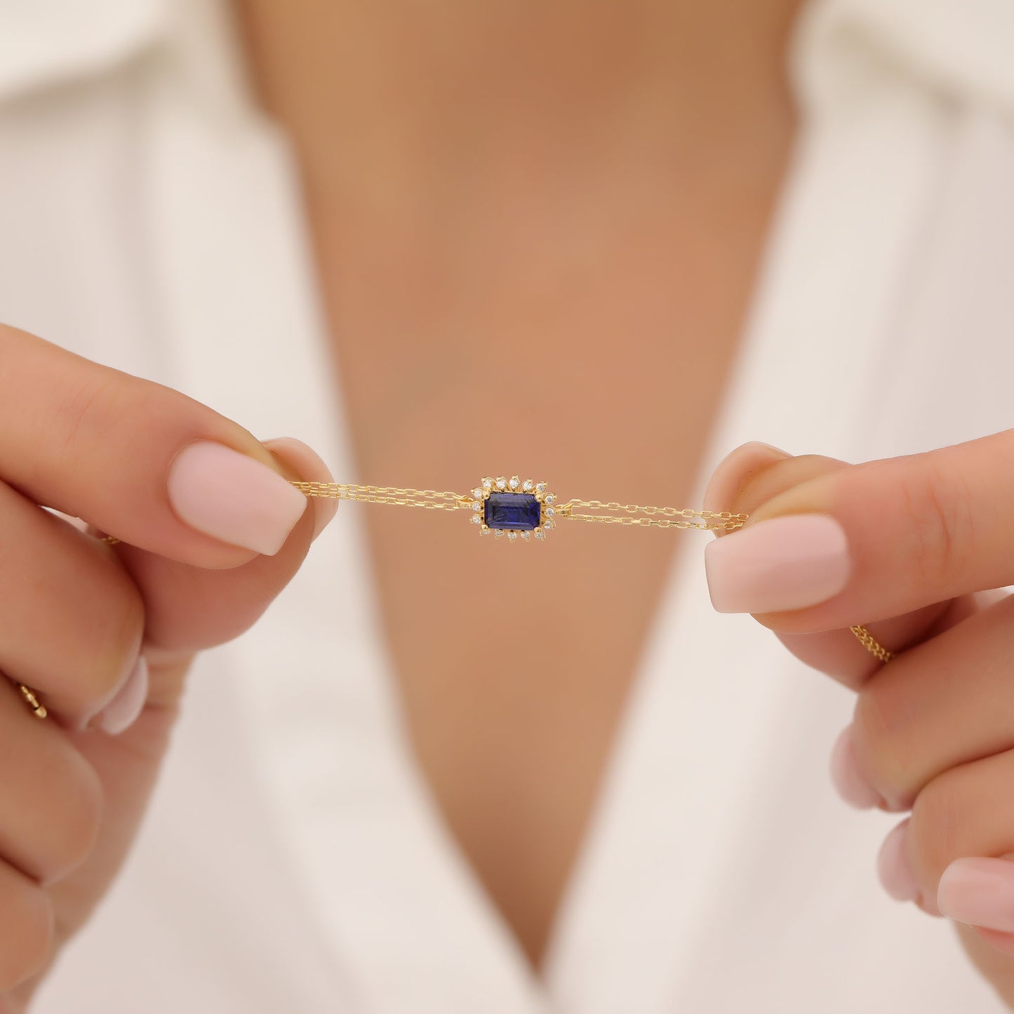 Sapphire Rectangle Bracelet surrounded by Real Diamonds in 14K Solid Gold, September Birthstone Jewelry