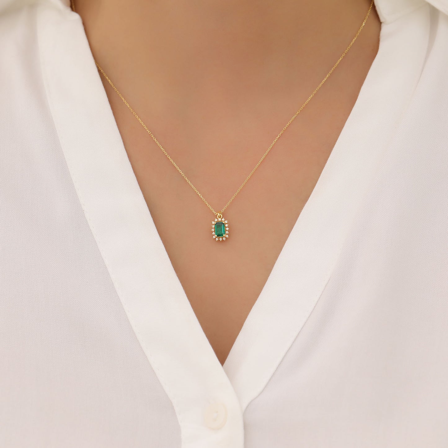 Emerald Rectangle Necklace Surrounded by Real Diamonds in 14K Solid Gold, May Birthstone Jewelry