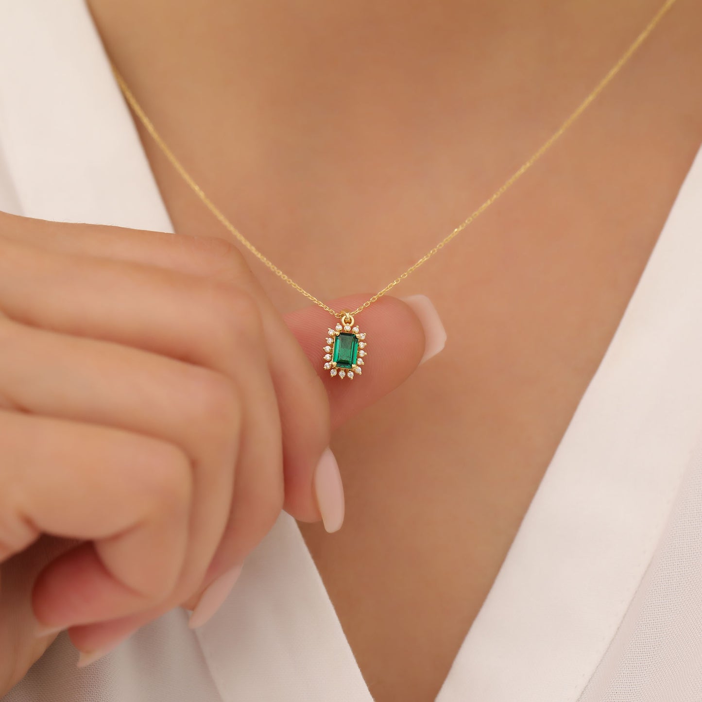 Emerald Rectangle Necklace Surrounded by Real Diamonds in 14K Solid Gold, May Birthstone Jewelry