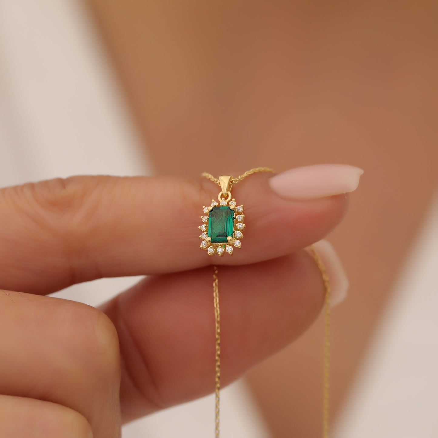 Emerald Rectangle Necklace Surrounded by Real Diamonds in 14K Solid Gold, May Birthstone Jewelry