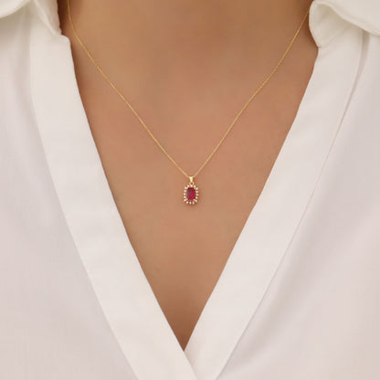 Ruby Rectangle Necklace Surrounded by Real Diamonds in 14K Solid Gold, July Birthstone Jewelry