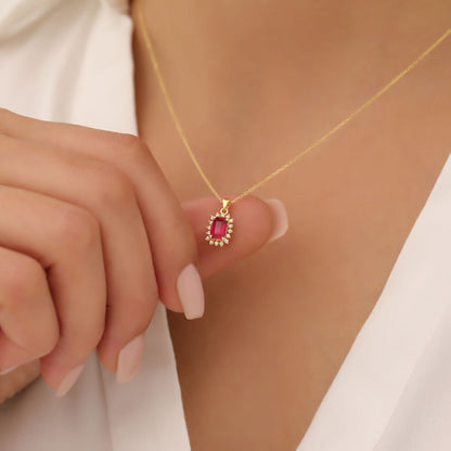 Ruby Rectangle Necklace Surrounded by Real Diamonds in 14K Solid Gold, July Birthstone Jewelry