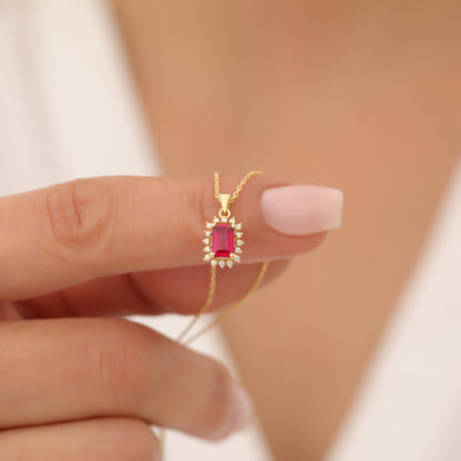 Ruby Rectangle Necklace Surrounded by Real Diamonds in 14K Solid Gold, July Birthstone Jewelry