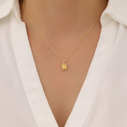 Yellow Topaz Rectangle Necklace Surrounded by Real Diamonds in 14K Solid Gold, Birthstone Jewelry