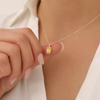 Yellow Topaz Rectangle Necklace Surrounded by Real Diamonds in 14K Solid Gold, Birthstone Jewelry