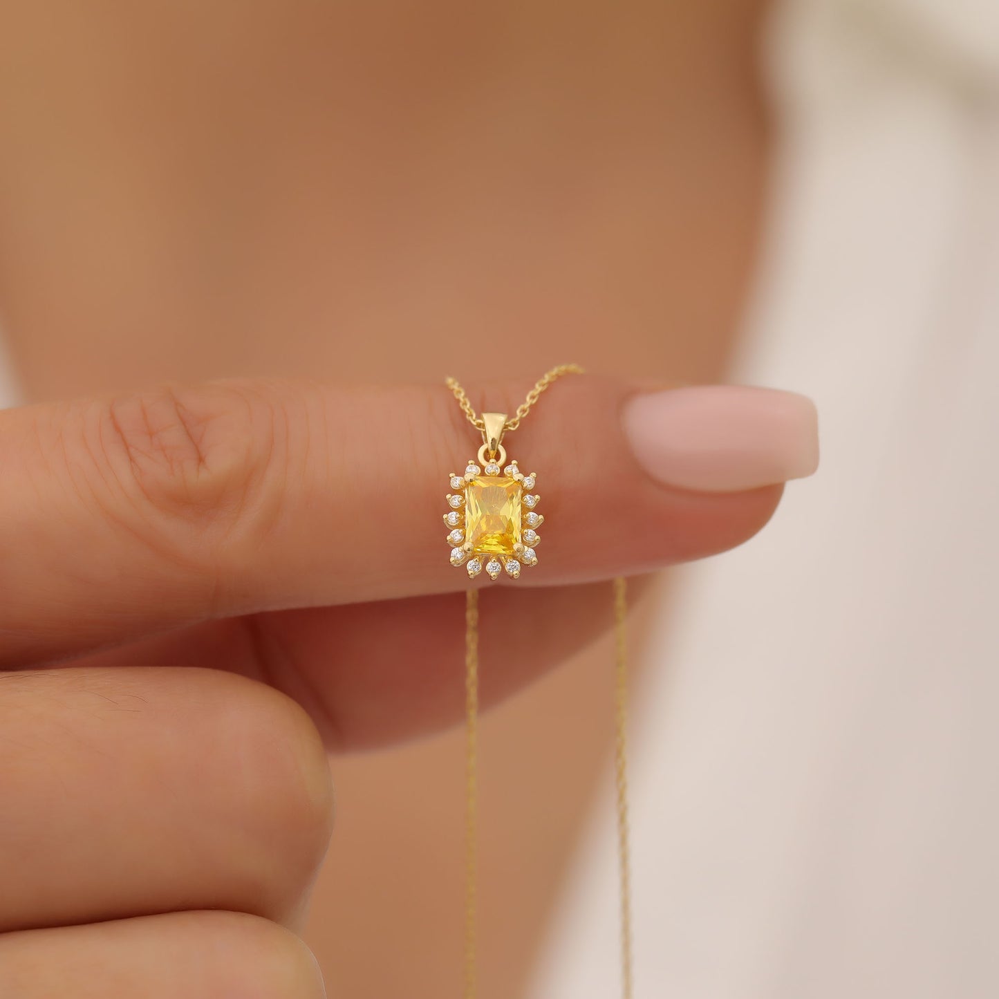 Yellow Topaz Rectangle Necklace Surrounded by Real Diamonds in 14K Solid Gold, Birthstone Jewelry