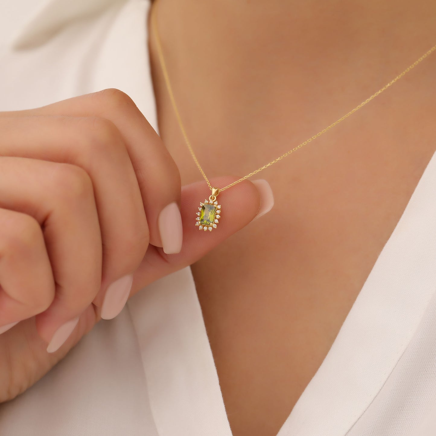 Peridot Rectangle Necklace Surrounded by Real Diamonds in 14K Solid Gold, August Birthstone Jewelry