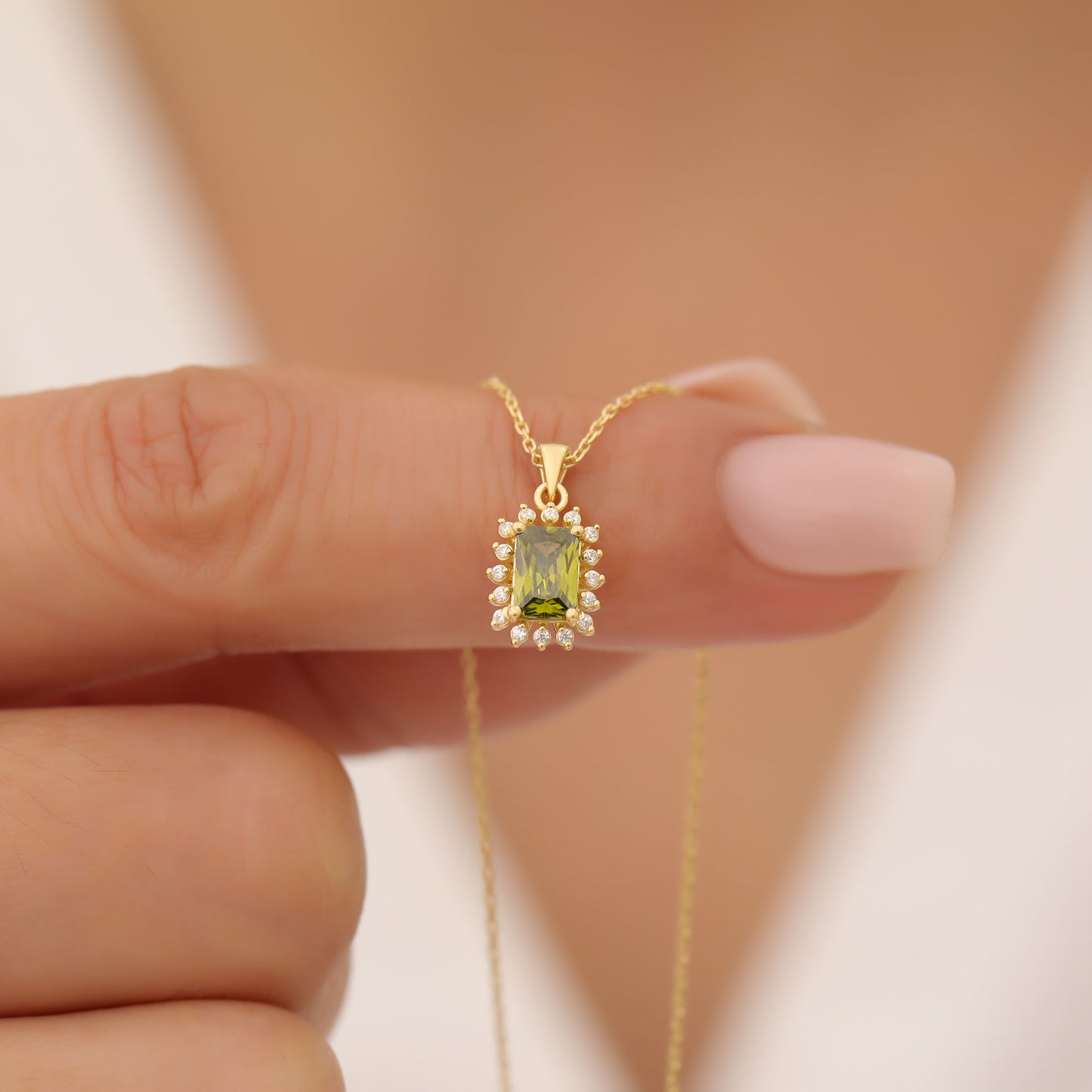 Peridot Rectangle Necklace Surrounded by Real Diamonds in 14K Solid Gold, August Birthstone Jewelry