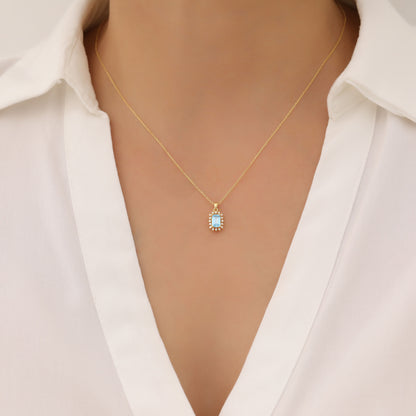 Blue Topaz Rectangle Necklace Surrounded by Real Diamonds in 14K Solid Gold, December Birthstone Jewelry