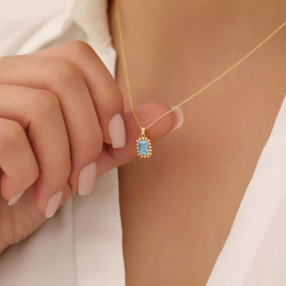 Blue Topaz Rectangle Necklace Surrounded by Real Diamonds in 14K Solid Gold, December Birthstone Jewelry