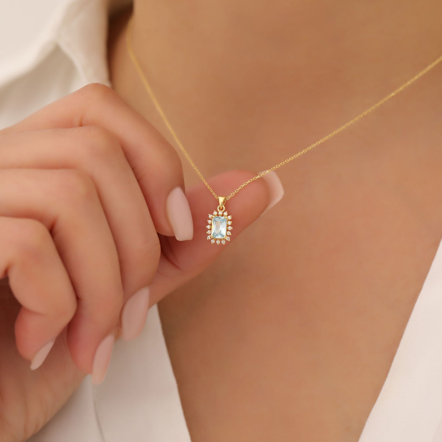 Aquamarine Rectangle Necklace Surrounded by Real Diamonds in 14K Solid Gold, March Birthstone Jewelry