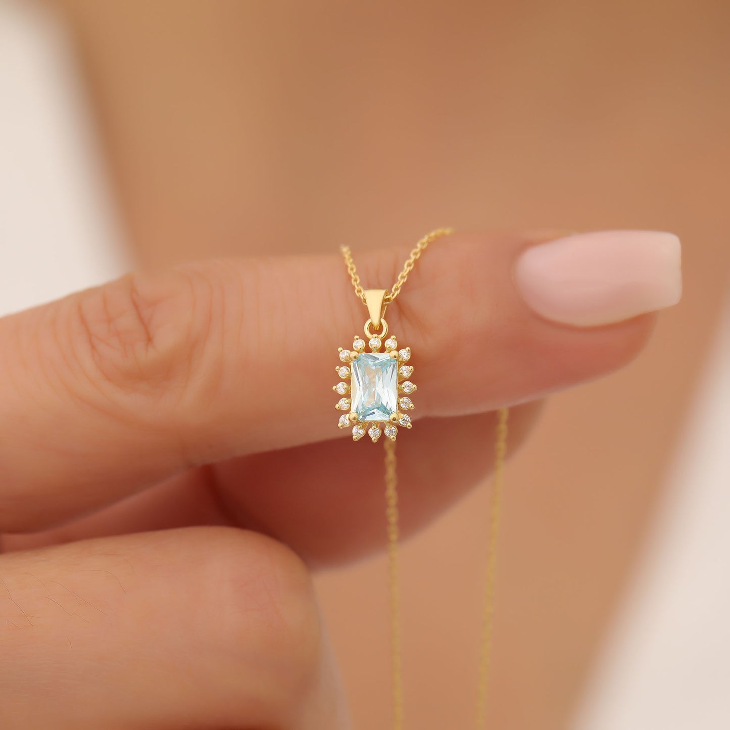 Aquamarine Rectangle Necklace Surrounded by Real Diamonds in 14K Solid Gold, March Birthstone Jewelry