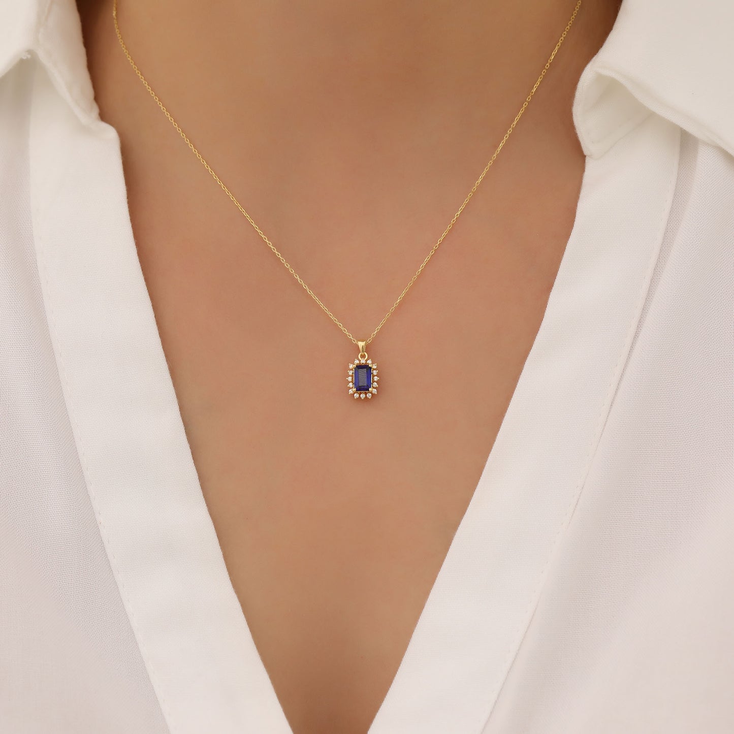 Sapphire Rectangle Necklace Surrounded by Real Diamonds in 14K Solid Gold, September Birthstone Jewelry