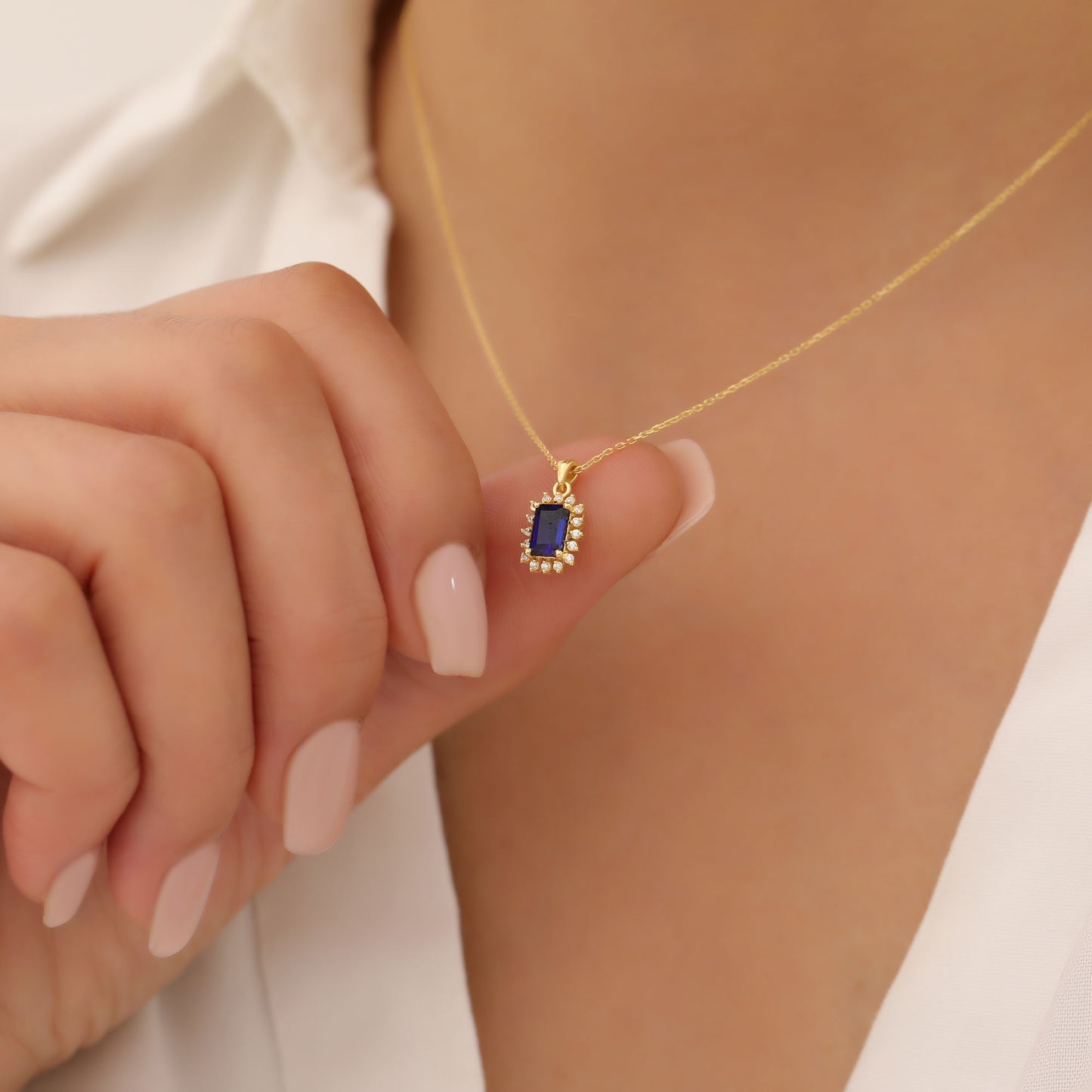 Sapphire Rectangle Necklace Surrounded by Real Diamonds in 14K Solid Gold, September Birthstone Jewelry