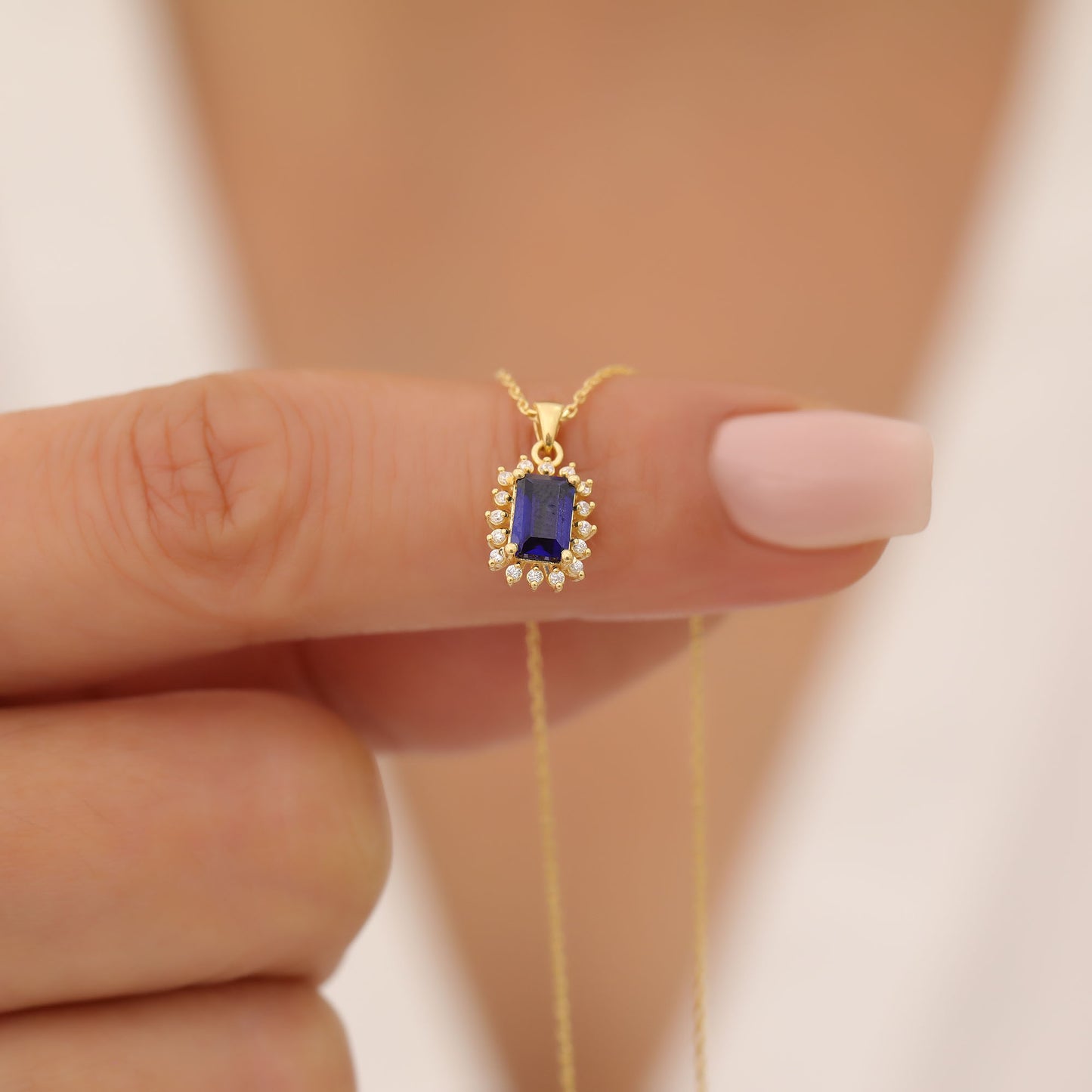 Sapphire Rectangle Necklace Surrounded by Real Diamonds in 14K Solid Gold, September Birthstone Jewelry