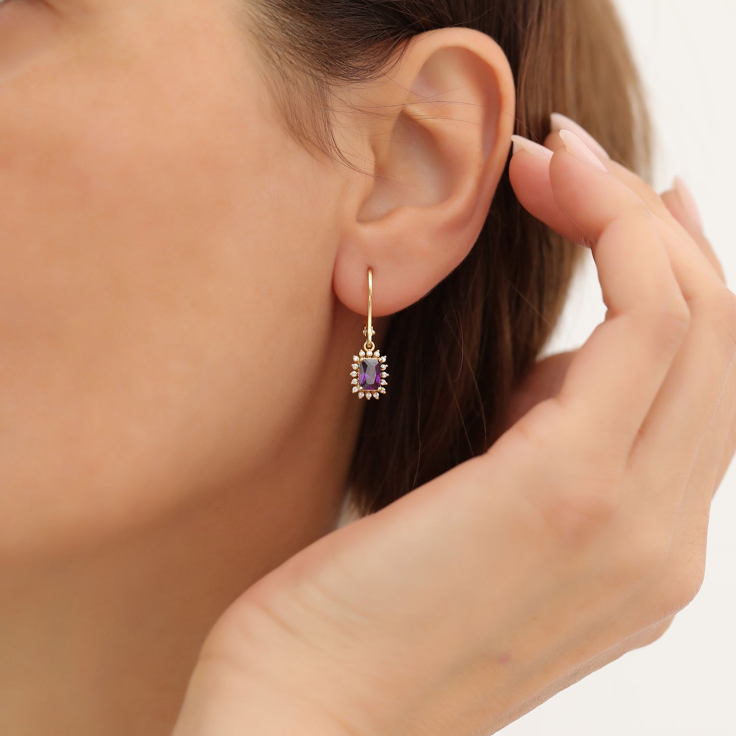 Amethyst Rectangle Halo Dangling Earrings surrounded by Real Diamonds in 14K Solid Gold, February Birthstone Jewelry